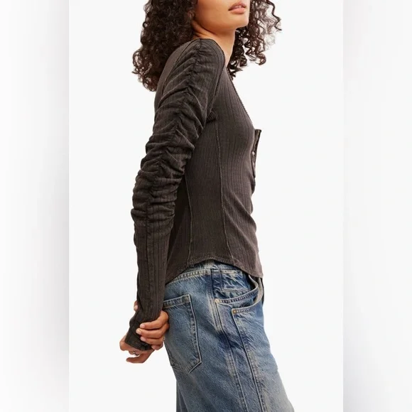 Free People We The Free Hope POINTELLE Henley Charcoal Black Top NWT M L XL - Picture 3 of 15